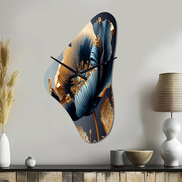 Deep Blue And Gold Single Flower III - Asymmetric Metal Wall Clock